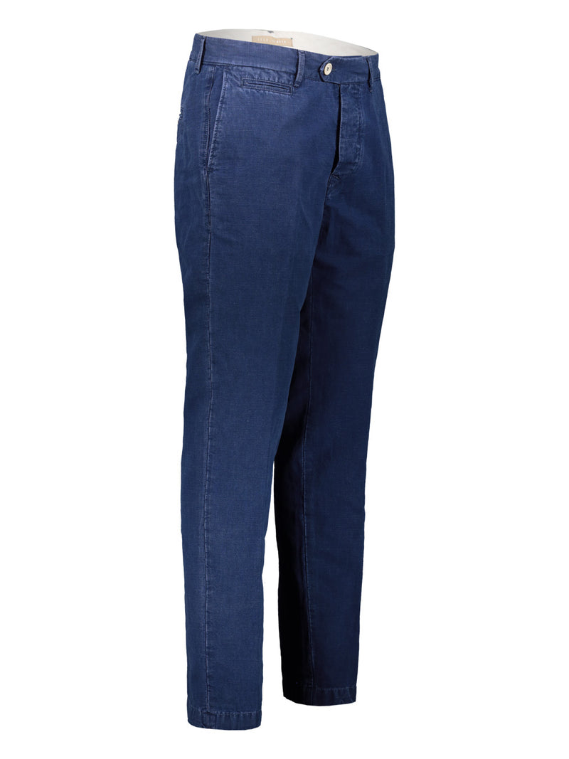 Jeans Uomo Tela Genova con chiusura a bottone frontale, color blu- Visione laterale
